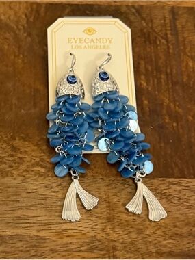 Blue Shell Fish Tassel Drop Earrings NWT